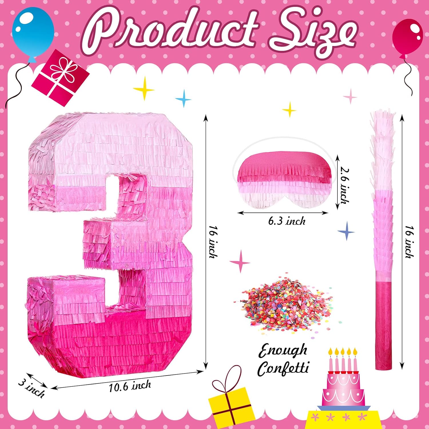 Sratte Number Piñata Pink Piñata Birthday Decorations Gradient with Stick Blindfold Confetti for Girls Boys Birthday Anniversary Party Decorations Supplies(Number 3)